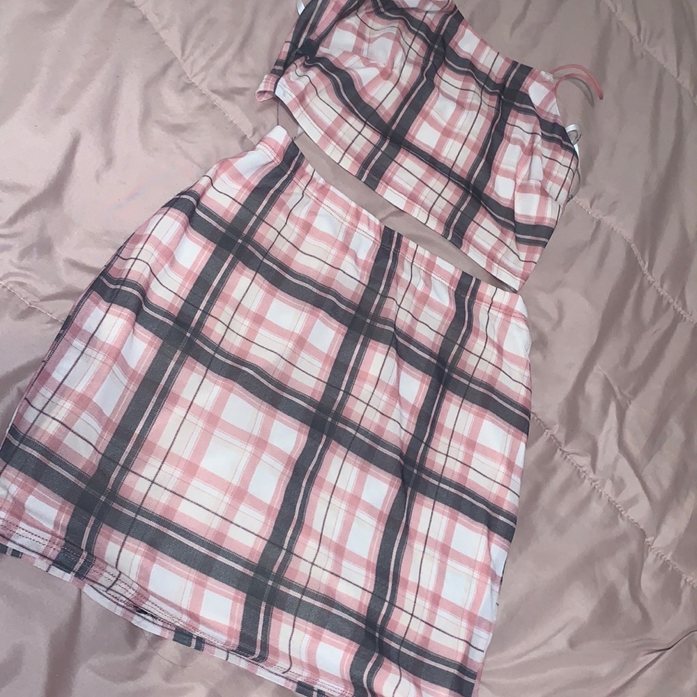 Pink Plaid Skirt Set